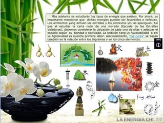 Más adelante se estudiarán los tipos de energía que existen. Por ahora, es
importante mencionar que dichas energías pueden ser favorables o nefastas.
Los ambientes yang activan las estrellas y los contextos yin las apaciguan. Así
que al estudiar la carta natal de una morada (Escuela de las Estrellas
Voladoras), debemos considerar la ubicación de cada una de ellas y adecuar el
espacio según su bondad o nocividad. La relación Yang vs Favorabilidad o Yin
vs Agresividad es nuestra primera labor. Adicionalmente, “las curas” se basan
también en la relación entre los trigramas y en los cinco elementos.
 