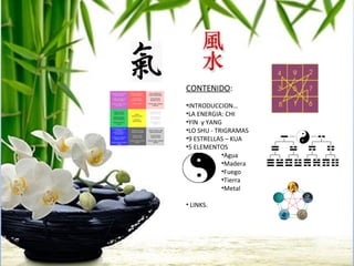 CONTENIDO:
•INTRODUCCION…
•LA ENERGIA: CHI
•YIN y YANG
•LO SHU - TRIGRAMAS
•9 ESTRELLAS – KUA
•5 ELEMENTOS
            •Agua
            •Madera
            •Fuego
            •Tierra
            •Metal

• LINKS.
 