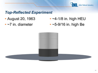 Top-Reflected Experiment
• August 20, 1963     • ~4-1/8 in. high HEU
• ~7 in. diameter     • ~5-9/16 in. high Be




                                              11
 