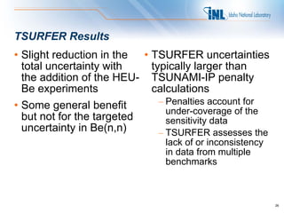 TSURFER Results
• Slight reduction in the  • TSURFER uncertainties
  total uncertainty with     typically larger than
  the addition of the HEU- TSUNAMI-IP penalty
  Be experiments             calculations
• Some general benefit         – Penalties account for
                                 under-coverage of the
  but not for the targeted       sensitivity data
  uncertainty in Be(n,n)       – TSURFER assesses the
                                lack of or inconsistency
                                in data from multiple
                                benchmarks



                                                           26
 