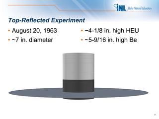 Top-Reflected Experiment
• August 20, 1963     • ~4-1/8 in. high HEU
• ~7 in. diameter     • ~5-9/16 in. high Be




     ...