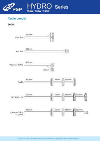 500W
500W / 600W / 700W
HYDRO Series
© 2015 FSP Group. All Rights Reserved. All trademarks are registered to their respective owners.
Cable Length
20+4 PIN
450mm
4+4 PIN
600mm
PCI-E 6+2 PIN
400mm
150mm
SATA/MOLEX
500mm 155mm 155mm 100mm
SATA/MOLEX/
FLOPPY
450mm 155mm 155mm 100mm
SATA
450mm 155mm 155mm
 