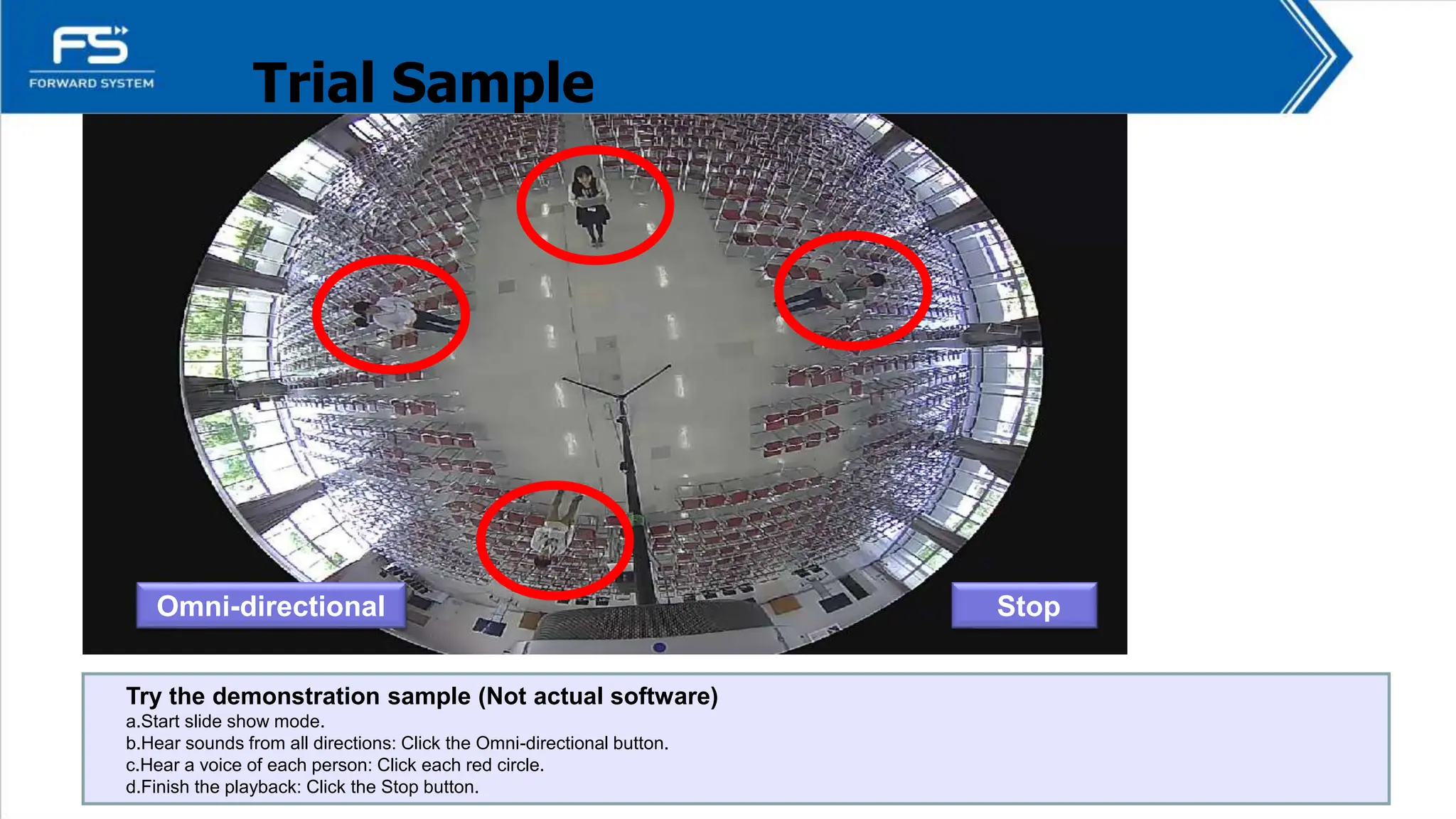 Trial Sample
Omni-directional Stop
Try the demonstration sample (Not actual software)
a.Start slide show mode.
b.Hear sounds from all directions: Click the Omni-directional button.
c.Hear a voice of each person: Click each red circle.
d.Finish the playback: Click the Stop button.
 
