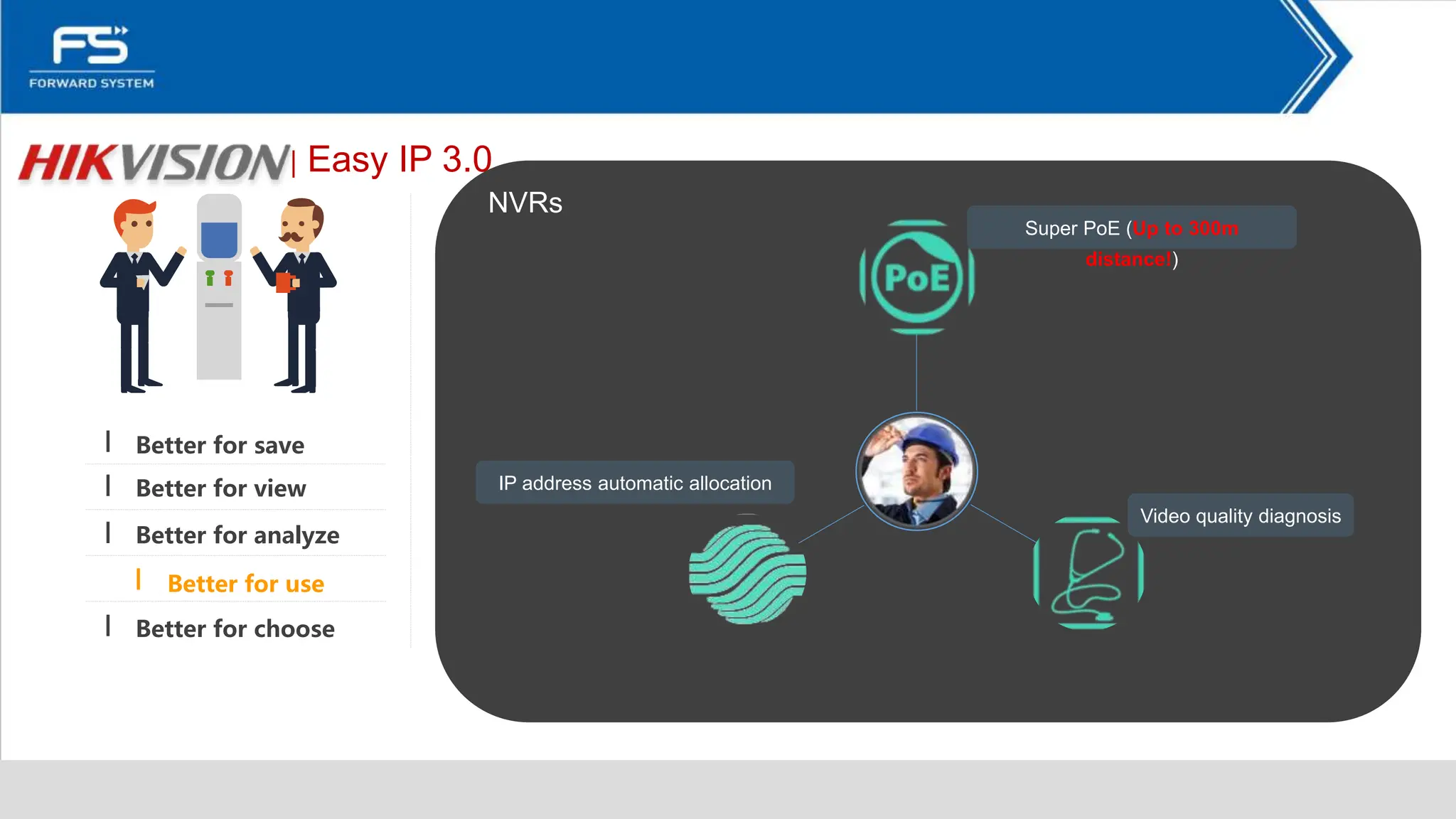 Better for save
Better for view
Better for analyze
Better for use
Better for choose
│ Easy IP 3.0
NVRs
Super PoE (Up to 300m
distance!)
IP address automatic allocation
Video quality diagnosis
 