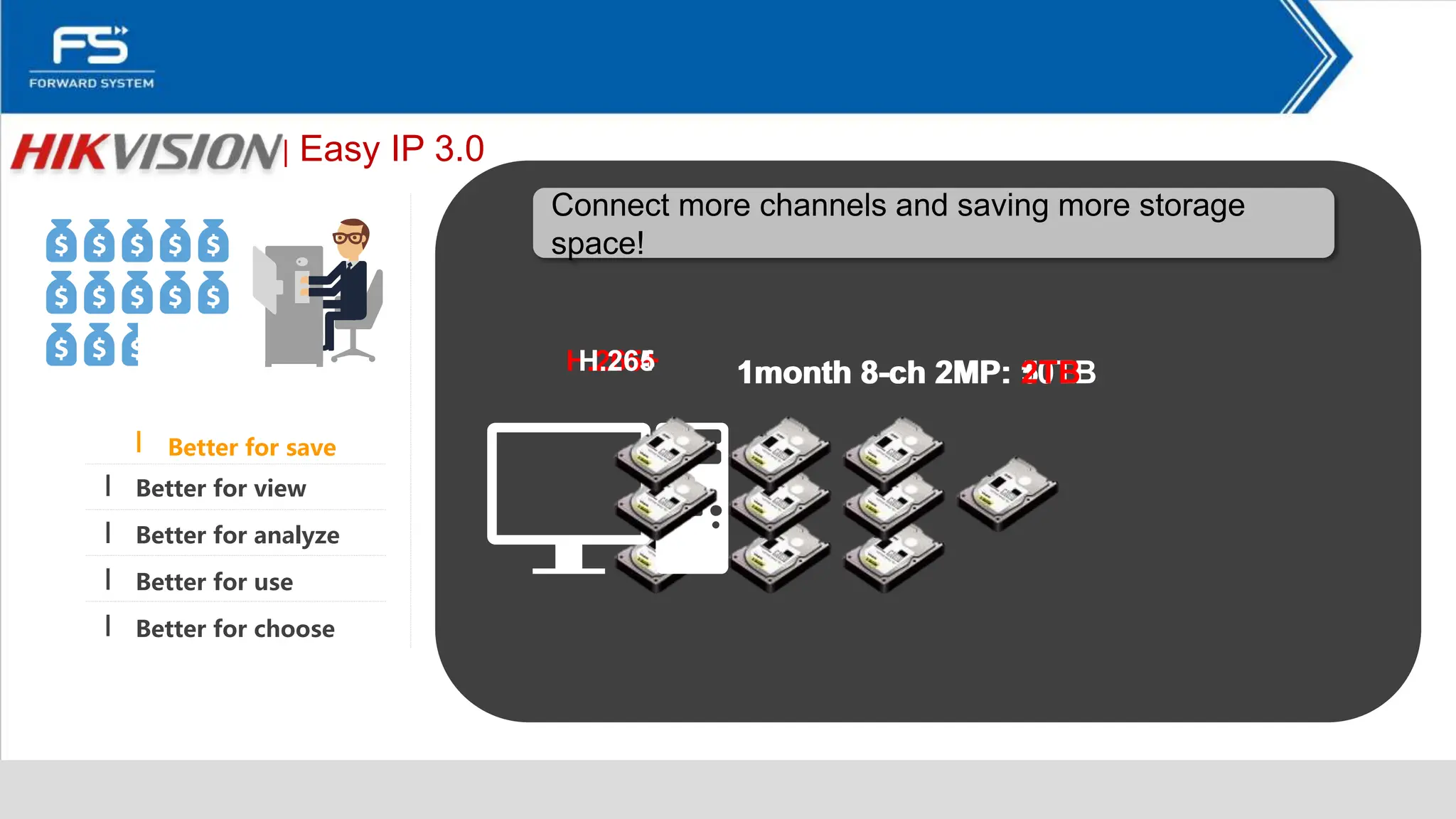 │ Easy IP 3.0
Connect more channels and saving more storage
space!
Better for save
Better for view
Better for analyze
Better for use
Better for choose
H.264
H.265+
H.265 1month 8-ch 2MP: 10TB
1month 8-ch 2MP: 5TB
1month 8-ch 2MP: 2TB
 