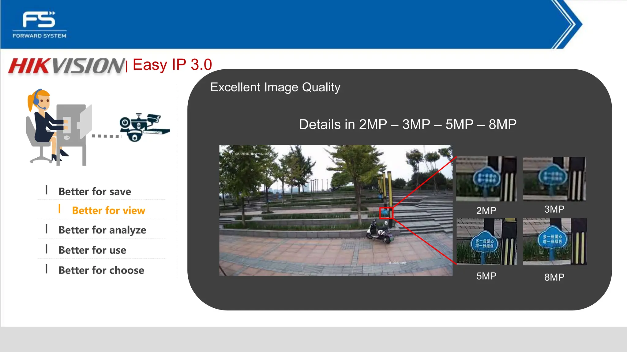 │ Easy IP 3.0
Excellent Image Quality
2MP 3MP
5MP 8MP
Details in 2MP – 3MP – 5MP – 8MP
Better for save
Better for analyze
Better for use
Better for choose
Better for view
 