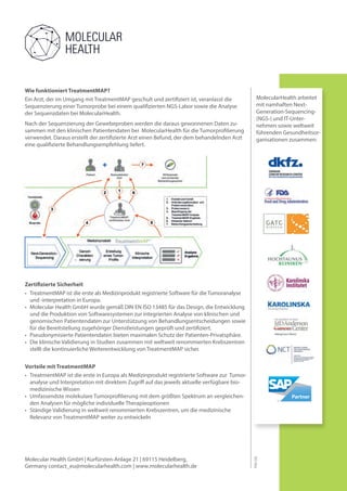 Wie funktioniert TreatmentMAP?
der Sequenzdaten bei MolecularHealth.
Nach der Sequenzierung der Gewebeproben werden die daraus gewonnenen Daten zu-
• TreatmentMAP ist die erste als Medizinprodukt registrierte Software für dieTumoranalyse
und -interpretation in Europa.
• Molecular Health GmbH wurde gemäß DIN EN ISO 13485 für das Design, die Entwicklung
und die Produktion von Softwaresystemen zur integrierten Analyse von klinischen und
genomischen Patientendaten zur Unterstützung von Behandlungsentscheidungen sowie
• Pseudonymisierte Patientendaten bieten maximalen Schutz der Patienten-Privatsphäre.
• Die klinische Validierung in Studien zusammen mit weltweit renommierten Krebszentren
stellt die kontinuierliche Weiterentwicklung von TreatmentMAP sicher.
Vorteile mit TreatmentMAP
• TreatmentMAP ist die erste in Europa als Medizinprodukt registrierte Software zur Tumor-
analyse und Interpretation mit direktem Zugri auf das jeweils aktuelle verfügbare bio-
medizinische Wissen
den Analysen für mögliche individuelle Therapieoptionen
• Ständige Validierung in weltweit renommierten Krebszentren, um die medizinische
Relevanz von TreatmentMAP weiter zu entwickeln
MolecularHealth arbeitet
mit namhaften Next-
Generation-Sequencing-
(NGS-) und IT-Unter-
nehmen sowie weltweit
führenden Gesundheitsor-
ganisationen zusammen:
PM100
Molecular Health GmbH | Kurfürsten nlage 21 | 69115 Heidelberg,
Germany contact_eu@molecularhealth.com | www.molecularhealth.de
 