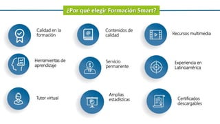 ¿Por qué elegir Formación Smart?
Calidad en la
formación
Herramientas de
aprendizaje
Tutor virtual
Contenidos de
calidad
Servicio
permanente
Amplias
estadísticas
Recursos multimedia
Experiencia en
Latinoamérica
Certificados
descargables
 