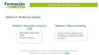 Materia I: Mercadeo racional y
CRM
-Mercadeo relacional.
-CRM.
-Cliente céntrico.
Contenido Programático
Módulo III: Tendencias actuales
Materia II: Neuromarketing
-¿Qué es Neuro Marketing?
-¿Cerebro y marketing como
se unen?
Si estás interesado en desarrollar la competencia de fundamentos de
mercadeo en tu equipo de trabajo haz clic AQUÍ
 