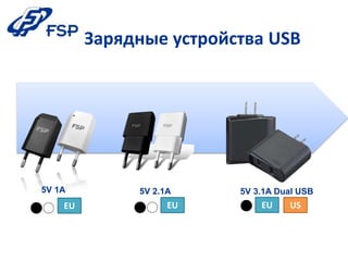 Зарядные устройства USB 
5V 1A 5V 2.1A 5V 3.1A Dual USB 
EU EU EU US 
 