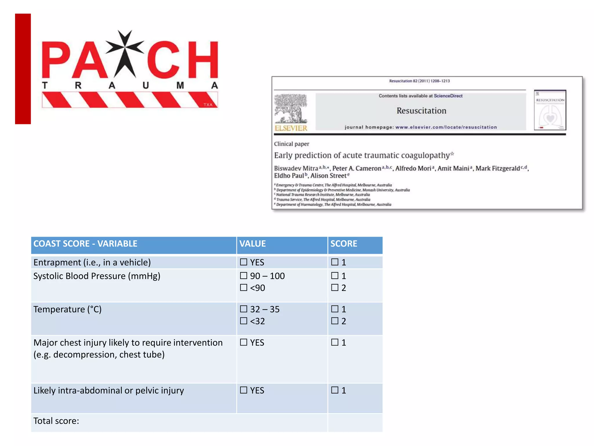 COAST SCORE - VARIABLE VALUE SCORE
Entrapment (i.e., in a vehicle) ☐ YES ☐ 1
Systolic Blood Pressure (mmHg) ☐ 90 – 100
☐ <90
☐ 1
☐ 2
Temperature (°C) ☐ 32 – 35
☐ <32
☐ 1
☐ 2
Major chest injury likely to require intervention
(e.g. decompression, chest tube)
☐ YES ☐ 1
Likely intra-abdominal or pelvic injury ☐ YES ☐ 1
Total score:
 