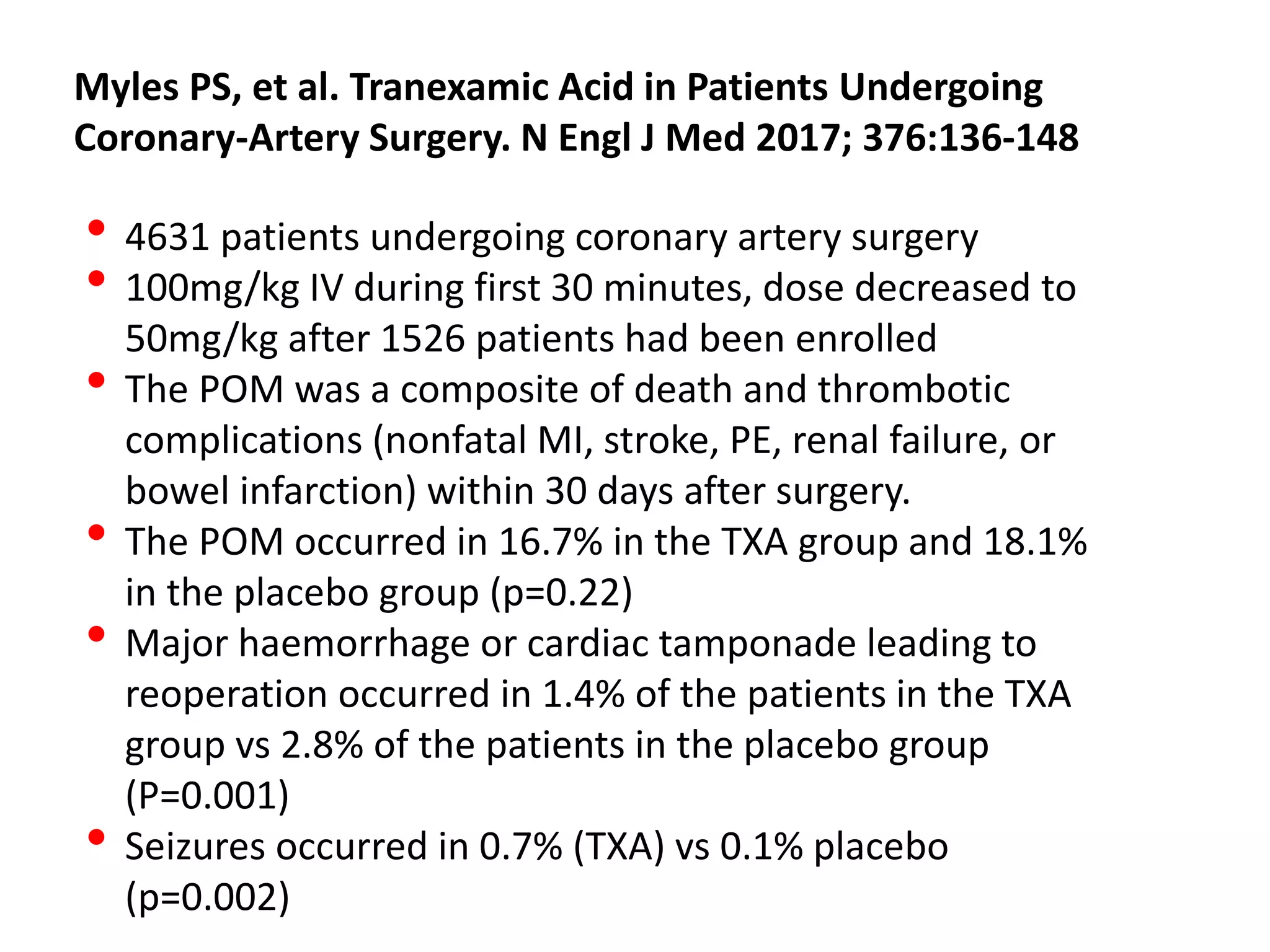 Myles PS, et al. Tranexamic Acid in Patients Undergoing
Coronary-Artery Surgery. N Engl J Med 2017; 376:136-148
• 4631 patients undergoing coronary artery surgery
• 100mg/kg IV during first 30 minutes, dose decreased to
50mg/kg after 1526 patients had been enrolled
• The POM was a composite of death and thrombotic
complications (nonfatal MI, stroke, PE, renal failure, or
bowel infarction) within 30 days after surgery.
• The POM occurred in 16.7% in the TXA group and 18.1%
in the placebo group (p=0.22)
• Major haemorrhage or cardiac tamponade leading to
reoperation occurred in 1.4% of the patients in the TXA
group vs 2.8% of the patients in the placebo group
(P=0.001)
• Seizures occurred in 0.7% (TXA) vs 0.1% placebo
(p=0.002)
 