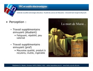 • Perception :

  – Travail supplémentaire
    ennuyant (étudiant)
     • Fatiguant, répétitif, peu
       valorisé


  – Travail supplémentaire
    ennuyant (prof)
     • Mauvaise qualité, produit à
       reculons, inutile, ingérable
 