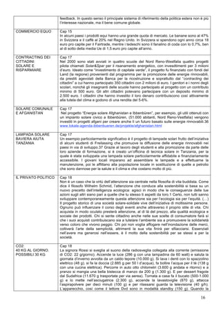feedback. In questo senso il principale sistema di riferimento della politica estera non è più 
l’interesse nazionale, ma il bene comune globale. 
16 
COMMERCIO EQUO Cap 15 
In alcuni paesi i prodotti equi hanno una grande quota di mercato. Le banane sono al 47% 
in Svizzera e il caffè al 20% nel Regno Unito. In Svizzera si spendono ogni anno circa 18 
euro pro capite per il Fairtrade, mentre i tedeschi sono il fanalino di coda con lo 0,7%, ben 
al di sotto della media Ue di 1,5 euro pro capite all’anno. 
CONTRACTING DEI 
CITTADINI: 
SOLARE E 
RISPARMIARE 
Cap 17 
Nel 2000 sono stati avviati in quattro scuole del Nord Reno-Westfalia quattro progetti 
pilota chiamati Solar&Spar per il risanamento energetico, con invesdtimenti per 3 milioni 
d’euro. Ideato come “investimento di capitale verde”, il progetto fu finanziato con fondi del 
Land (la regione) provenienti dal programma per la promozione delle energie rinnovabili, 
da prestiti agevolati della Banca per la ricostruzione e soprattutto dal “contracting dei 
cittadini” a cui hanno partecipato 350 cittadini con 2 milioni di euro. I genitori e i nonni degli 
scolari, nonché gli insegnanti delle scuole hanno partecipato al progetto con un contributo 
minimo di 500 euro. Gli altri cittadini potevano partecipare con un deposito minimo di 
2.500 euro. I cittadini che hanno investito il loro denaro contribuiscono così attivamente 
alla tutela del clima e godono di una rendita del 5-6%. 
SOLARE COMUNALE 
E AFGANISTAN 
Cap 17 
Nel progetto “Energia solare Afghanistan e Ibbenbüren”, per esempio, gli utili ottenuti con 
un impianto solare civico a Ibbenbüren, (51.000 abitanti, Nord Reno-Vestfalia) vengono 
investiti in progetti afgani per creare anche lì un futuro basato sulle energie rinnovabili.36 
www.lokale-agenda-ibbenbueren.de/projekte/afghanistan.html 
LAMPADA SOLARE 
BAVIERA AIUTA 
TANZANIA 
Cap 17 
Un esempio particolarmente significativo è il progetto di lampade solari frutto dell’iniziativa 
di alcuni studenti di Freilassing che promuove la diffusione delle energie rinnovabili nei 
paesi in via di sviluppo.37 Grazie al lavoro degli studenti e alla promozione da parte delle 
loro aziende di formazione, si è creato un’officina di tecnica solare in Tanzania, per la 
quale è stata sviluppata una lampada solare particolarmente affidabile e finanziariamente 
accessibile. I giovani locali imparano ad assemblare le lampade e a effettuarne la 
manutenzione, poi le affittano alla popolazione locale in sostituzione di quelle a petrolio 
che sono dannose per la salute e il clima e che costano molto di più. 
IL PRIVATO POLITICO Cap 18 
Non è un caso che la virtù dell’attenzione sia centrale nella filosofia di vita buddista. Come 
dice il filosofo Wilhelm Schmid, l’attenzione che conduce alla sostenibilità si basa su un 
nuovo precetto dell’intelligenza ecologica: agisci in modo che le conseguenze delle tue 
azioni sugli altri siano pari a quelle che tu stesso ti aspetti da loro.1 Certo, non tutti sanno 
sviluppare contemporaneamente questa attenzione sia per l’ecologia sia per l’equità. (…) 
Il progetto storico di una società solare-solidale vive dell’iniziativa di moltissime persone. 
Ognuno può influenzare il corso degli eventi anche attraverso il proprio stile di vita. Chi 
acquista in modo oculato presterà attenzione, al di là del prezzo, alla qualità ecologica e 
sociale dei prodotti. Chi si sente cittadino anche nelle sue scelte di consumatore farà sì 
che i suoi acquisti contribuiscano sia a tutelare l’ambiente sia a promuovere la solidarietà 
verso coloro che vivono peggio. Chi poi non voglia affogare nell’inondazione delle merci, 
coltiverà l’arte della semplicità, altrimenti la sua vita finirà per sfilacciarsi. Essenziali 
nell’avere ma generosi nell’essere, è il motto della sostenibilità per se stessi e per la 
società. 
CO2: 
40 KG AL GIORNO. 
POSSIBILI 30 KG 
Cap 18 
La signora Rossi si sveglia al suono della radiosveglia collegata alla corrente (emissione 
di CO2: 22 g/giorno). Accende la luce (286 g con una lampadina da 60 watt) e saluta la 
giornata d’inverno avvolta da un caldo tepore (10.000 g). Si lava i denti con lo spazzolino 
elettrico (48 g), si fa la doccia (2.885 g per 50 l d’acqua), fa bollire l’acqua per il tè (138 g 
con una cucina elettrica). Percorre in auto otto chilometri (3.600 g andata e ritorno) e a 
pranzo si mangia una bella bistecca di manzo da 200 g (1.300 g). E per dessert fragole 
dal Sudafrica (11.670 g trasportate per via aerea). Tornata a casa fa il bucato (500-1.000 
g) e lo mette nell’asciugatrice (2.300 g), accende la lavastoviglie (870 g), attacca 
l’aspirapolvere per dieci minuti (100 g) e per rilassarsi guarda la televisione (40 g/h). 
L’apparecchio, così come il lettore Dvd sono in modalità standby (150 g). Quando la 
 