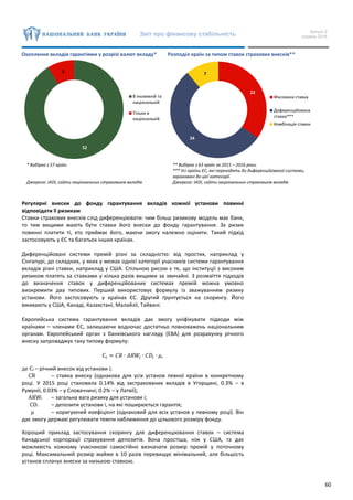 Звіт про фінансову стабільність Випуск 2
грудень 2016
60
Регулярні внески до фонду гарантування вкладів кожної установи повинні
відповідати її ризикам
Ставки страхових внесків слід диференціювати: чим більш ризикову модель має банк,
то тим вищими мають бути ставки його внески до фонду гарантування. За ризик
повинні платити ті, хто приймає його, маючи змогу належно оцінити. Такий підхід
застосовують у ЄС та багатьох інших країнах.
Диференційовані системи премій різні за складністю: від простих, наприклад у
Сінгапурі, до складних, у яких у межах однієї категорії учасників системи гарантування
вкладів різні ставки, наприклад у США. Спільною рисою є те, що інституції з високим
ризиком платять за ставками у кілька разів вищими за звичайні. З розмаїття підходів
до визначення ставок у диференційованих системах премій можна умовно
виокремити два типових. Перший використовує формулу із зважуванням ризику
установи. Його застосовують у країнах ЄС. Другий ґрунтується на скорингу. Його
вживають у США, Канаді, Казахстані, Малайзії, Тайвані.
Європейська система гарантування вкладів дає змогу уніфікувати підходи між
країнами – членами ЄС, залишаючи водночас достатньо повноважень національним
органам. Європейський орган з банківського нагляду (ЕВА) для розрахунку річного
внеску запроваджує таку типову формулу:
С𝑖 = 𝐶𝑅 ∙ 𝐴𝑅𝑊𝑖 ∙ 𝐶𝐷𝑖 ∙ 𝜇,
де Ci – річний внесок від установи і;
CR – ставка внеску (однакова для усіх установ певної країни в конкретному
році. У 2015 році становила 0.14% від застрахованих вкладів в Угорщині, 0.3% – в
Румунії, 0.03% – у Словаччині; 0.2% – у Латвії);
ARWi – загальна вага ризику для установи і;
CDi – депозити установи і, на які поширюється гарантія;
μ – коригуючий коефіцієнт (однаковий для всіх установ у певному році). Він
дає змогу державі регулювати темпи наближення до цільового розміру фонду.
Хороший приклад застосування скорингу для диференціювання ставок – система
Канадської корпорації страхування депозитів. Вона простіша, ніж у США, та дає
можливість кожному учасникові самостійно визначати розмір премій у поточному
році. Максимальний розмір майже в 10 разів перевищує мінімальний, але більшість
установ сплачує внески за низькою ставкою.
Охоплення вкладів гарантіями у розрізі валют вкладу* Розподіл країн за типом ставок страхових внесків**
* Вибірка з 57 країн.
Джерела: IADI, сайти національних страховиків вкладів
** Вибірка з 63 країн за 2015 – 2016 роки.
*** Усі країни ЄС, які переходять до диференційованої системи,
зараховані до цієї категорії.
Джерела: IADI, сайти національних страховиків вкладів
52
5
В іноземній та
національній
Тільки в
національній
22
34
7
Фіксована ставка
Диференційована
ставка***
Комбінація ставок
 