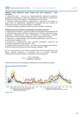 Звіт про фінансову стабільність Випуск 2
грудень 2016
64
Субіндекс ринку державних цінних паперів (вага 0.25) складається з таких
показників:
 Суверенний ризик – різниця між середньозваженою дохідністю українських
державних єврооблігацій та дохідністю американських десятирічних казначейських
облігацій (US Treasury 10Y). Джерело – інформаційне агентство Cbonds.
 Ліквідність українських державних єврооблігацій – відношення між спредом та
ціною попиту на єврооблігацію, арифметично усереднене для всіх випусків, які
обертаються на ринку на певну дату. Джерело – Bloomberg.
 Динаміка котирувань кредитного дефолтного свопу. Джерело – Bloomberg.
Субіндекс валютного ринку (вага 0.35) формують такі базові показники:
 Девальваційні очікування – різниця між NDF (Non-deliverable forward) UAH/USD 3M
та міжбанківським курсом UAH/USD, скоригованим на різницю відсоткових ставок
українського міжбанківського ринку KievPrime3M та лондонського $Libor3M
міжбанківського ринку, у відсотках. Джерела – НБУ та інформагентство Cbonds.
 Індикатор Сmax міжбанківського курсу UAH/USD розраховується аналогічно до Сmax
українських акцій. Джерело – НБУ.
 Волатильність міжбанківського курсу UAH/USD розраховано аналогічно до
волатильності українських акцій. Джерело – НБУ.
 Незбалансованість валютного ринку – чисті обсяги купівлі/продажу валюти НБУ на
міжбанківському валютному ринку в день розрахунку. Джерело – НБУ.
Для того, щоб привести всі 14 базових показників до спільного знаменника й тим
самим отримати можливість їх агрегувати, дані по кожному індикатору
нормалізуються методом мінімаксної нормалізації за такою формулою:
𝑉′(𝑖) =
𝑉(𝑖) − min(𝑉(𝑖))
max(𝑉(𝑖)) − min(𝑉(𝑖))
Таким чином як ІФС, так і всі субіндекси набуватимуть значень від нуля до одиниці.
Динаміка субіндексів ІФС для України
Джерело: НБУ
0
0.1
0.2
0.3
0.4
0.5
0.6
0.7
0.8
0.9
04.08 10.08 04.09 10.09 04.10 10.10 04.11 10.11 04.12 10.12 04.13 10.13 04.14 10.14 04.15 10.15 04.16 10.16
Індекс Фінансового стресу для України (ІФС) Субіндекс банківського сектору
Субіндекс корпоративного сектору Субіндекс сектору державних цінних паперів
Субіндекс валютного ринку
 
