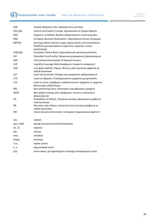 Звіт про фінансову стабільність Випуск 2
грудень 2016
66
CAR Capital adequacy ratio, Адекватність капіталу
CEE,ЦСЕ Central and Eastern Europe, Центральна та Східна Європа
EAD Exposure at default, Валова заборгованість позичальника
EBA European Business Association, Європейська Бізнес Асоціація
EBITDA Earnings before interest, taxes, depreciation and amortization,
Прибуток до вирахування відсотків, податків, зносу і
амортизації
ECB,ЕЦБ European Central Bank, Європейський центральний банк,
EFF Extended Fund Facility, Механізм розширеного фінансування
IADI International Association of Deposit Insurers
LCR Liquidity Coverage Ratio,Коефіцієнт покриття ліквідності
LGD Loss given default, Рівень збитку у разі настання дефолту за
зобов’язаннями
LLP Loan loss provision, Резерв під знецінення заборгованості
LTD Loans to deposits, Cпіввідношення кредитів до депозитів
LTV Loan-to-value, Коефіцієнт забезпеченості кредитів та наданих
фінансових зобов’язань
NPL Non perfoming loans, Негативно класифіковані кредити
NSFR Net stable funding ratio, Коефіцієнт чистого стабільного
фінансування
PD Probability of default, Показник ризику, ймовірність дефолту
позичальника
RR Recovery rate, Рівень стягнення після настання дефолту за
зобов’язаннями
VRI Value recovery instrument, Інструмент відновлення вартості
грн. гривня
дол. США долар Сполучених Штатів Америки
кв., Q квартал
міс. місяць
млн. мільйон
млрд. мільярд
п.ш. права шкала
в. п. відсотковий пункт
р/р річна зміна, до відповідного періоду попереднього року
 