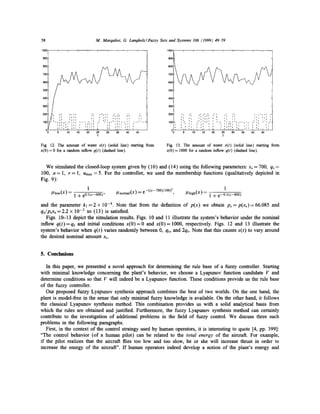 M. Margaliot, G. LangholzlFuzzy Sets and Systems 106 (1999) 49-59

58
10430

zt

900
800
700

700

6OO

60O

50(]

500

400

400

300

300

200

,
I

100
0

i~_

i

[I

'~.

~'l~

I
I

tl
~rll
5

I

II
i11
10

r___~t

Ill
IIII,

I--I
I

I
Illll

15

20

I

l'l I-

--I

J

I

--I

--I
I

II

~J~ _ r , ~ t _ _ , ~

i
L
25

ii
Iii
30

i
i h i i
35

__,~_.
i /i i
40

i
i

i

45

2O0

,,- ,,i
i
I1
ii

100
O'

_

,,,,~ 1. . .I . t ,~ _
i1

,,

Ii

,,
ii

ii

II
_

III

. . . . . . . . . . . . .
', '--' i'~ ,~",
'' ,, I', , ] !,,. . , . h. . ., , ~., , ,.' . . ' , . , l ' ~ !, ' ,
5

10

15

20

25

30

35

40

I

,,

ql I
1I

,

, ',
45

t

t

Fig. 12. The amount of water x(t) (solid line) starting from
x(0) = 0 for a random inflow q(t) (dashed line).

Fig. 13. The amount of water x(t) (solid line) starting from
x(0) = 1000 for a random inflow q(t) (dashed line).

We simulated the closed-loop system given by (1 O) and (14) using the following parameters: xs = 700, qs =
100, a - 1, r = 1, Umax= 5. For the controller, we used the membership functions (qualitatively depicted in
Fig. 9):
1
/ttow(X)- 1 + e 0-1(x-600)'

gnormal(X) = e -((x-700)/100)2,

1
[thigh(X) 1 + e -0l(x-800)
=

and the parameter kl = 2 × 10 -4. Note that from the definition of p(x) we obtain Ps = p ( x s ) = 66.085 and
qs/psXs=2.2 × 10 -3 so (13) is satisfied.
Figs. 10-13 depict the simulation results. Figs. I0 and 11 illustrate the system's behavior under the nominal
inflow q(t)=qs and initial conditions x ( 0 ) = 0 and x ( 0 ) = 1000, respectively. Figs. 12 and 13 illustrate the
system's behavior when q(t) varies randomly between 0, qs, and 2qs. Note that this causes x(t) to vary around
the desired nominal amount Xs.

5. Conclusions
In this paper, we presented a novel approach for determining the rule base of a fuzzy controller. Starting
with minimal knowledge concerning the plant's behavior, we choose a Lyapunov function candidate V and
determine conditions so that V will indeed be a Lyapunov function. These conditions provide us the rule base
of the fuzzy controller.
Our proposed fuzzy Lyapunov synthesis approach combines the best of two worlds. On the one hand, the
plant is model-free in the sense that only minimal fuzzy knowledge is available. On the other hand, it follows
the classical Lyapunov synthesis method. This combination provides us with a solid analytical basis from
which the rules are obtained and justified. Furthermore, the fuzzy Lyapunov synthesis method can certainly
contribute to the investigation of additional problems in the field of fuzzy control. We discuss three such
problems in the following paragraphs.
First, in the context of the control strategy used by human operators, it is interesting to quote [4, pp. 399]:
"The control behavior (of a human pilot) can be related to the total energy of the aircraft. For example,
if the pilot realizes that the aircraft flies too low and too slow, he or she will increase thrust in order to
increase the energy of the aircraft". I f human operators indeed develop a notion of the plant's energy and

 