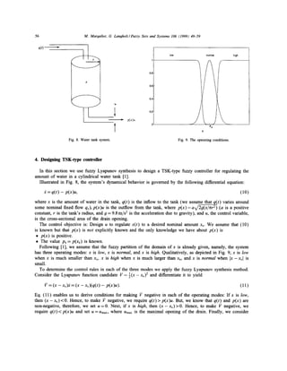 56

M. Margaliot, G. LanoholzlFuzzy Sets and Systems 106 (1999) 49-59

q(t)
low

normal

high

1

0.8

0.6

f

0.4

0.2

,

v(z)u

/


Xs
X

Fig. 8. Water tank system.

Fig. 9. The operating conditions.

4. Designing TSK-type controller
In this section we use fuzzy Lyapunov synthesis to design a TSK-type fuzzy controller for regulating the
amount of water in a cylindrical water tank [1].
Illustrated in Fig. 8, the system's dynamical behavior is governed by the following differential equation:

:~ = q(t) - p(x)u,

(10)

where x is the amount of water in the tank, q(t) is the inflow to the tank (we assume that q(t) varies around
some nominal fixed flow qs), p(x)u is the outflow from the tank, where p(x)=av/2g(x/~zr 2) (a is a positive
constant, r is the tank's radius, and g = 9.8 m/s 2 is the acceleration due to gravity), and u, the control variable,
is the cross-sectional area of the drain opening.
The control objective is: Design u to regulate x(t) to a desired nominal amount Xs. We assume that (10)
is known but that p(x) is not explicitly known and the only knowledge we have about p(x) is
• p ( x ) is positive.
• The value Ps = p(Xs) is known.
Following [1], we assume that the fuzzy partition of the domain of x is already given, namely, the system
has three operating modes: x is low, x is normal, and x is high. Qualitatively, as depicted in Fig. 9, x is low
when x is much smaller than xs, x is high when x is much larger than xs, and x is normal when Ix -Xs[ is
small.
To determine the control rules in each of the three modes we apply the fuzzy Lyapunov synthesis method.
Consider the Lyapunov function candidate V = ½(x - xs)2 and differentiate it to yield

l? = (x - Xs)2 = (x - Xs)(q(t) - p(x)u).

(11)

Eq. (11) enables us to derive conditions for making /? negative in each of the operating modes: If x is low,
then ( x - x s ) < 0 . Hence, to make /? negative, we require q ( t ) > p(x)u. But, we know that q(t) and p(x) are
non-negative, therefore, we set u = 0 . Next, if x is high, then ( x - x s ) > 0 . Hence, to make 17 negative, we
require q ( t ) < p(x)u and set u = Umax, where Umax is the maximal opening of the drain. Finally, we consider

 