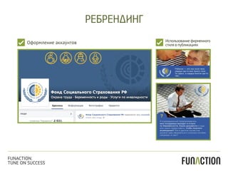 Оформление аккаунтов Использование фирменного
стиля в публикациях
РЕБРЕНДИНГ
FUNACTION.
TUNE ON SUCCESS
 