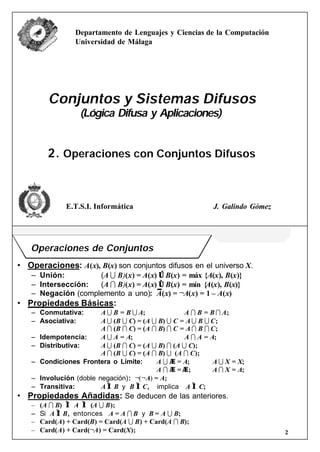 Departamento de Lenguajes y Ciencias de la Computación
                  Universidad de Málaga




         Conjuntos y Sistemas Difusos
                    (Lógica Difusa y Aplicaciones)


         2. Operaciones con Conjuntos Difusos



               E.T.S.I. Informática                            J. Galindo Gómez




   Operaciones de Conjuntos
• Operaciones: A(x), B(x) son conjuntos difusos en el universo X.
   – Unión:         (A U B)(x) = A(x) ∨ B(x) = máx {A(x), B(x)}
   – Intersección:  (A I B)(x) = A(x) ∧ B(x) = mín {A(x), B(x)}
   – Negación (complemento a uno): A(x) = ¬A(x) = 1 – A(x)
• Propiedades Básicas:
   – Conmutativa:         A U B = B U A;              A I B = B I A;
   – Asociativa:          A U (B U C) = (A U B) U C = A U B U C;
                          A I (B I C) = (A I B) I C = A I B I C;
   –   Idempotencia:      A U A = A;                  A I A = A;
   –   Distributiva:      A U (B I C) = (A U B) I (A U C);
                          A I (B U C) = (A I B) U (A I C);
   –   Condiciones Frontera o Límite:       A U ∅ = A;         A U X = X;
                                            A I ∅ = ∅;         A I X = A;
   –   Involución (doble negación): ¬(¬A) = A;
   –   Transitiva:        A ⊂ B y B ⊂ C, implica A ⊂ C;
• Propiedades Añadidas: Se deducen de las anteriores.
   –   (A I B) ⊂ A ⊂ (A U B);
   –   Si A ⊂ B, entonces A = A I B y B = A U B;
   –   Card(A) + Card(B) = Card(A U B) + Card(A I B);
   –   Card(A) + Card(¬A) = Card(X);                                              2
 