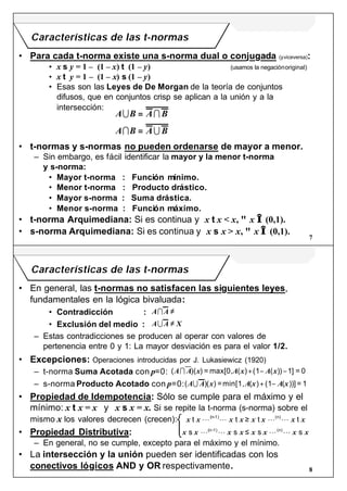 7
Características de las t-normas
• Para cada t-norma existe una s-norma dual o conjugada (yviceversa):
• x s y = 1 – (1 – x) t (1 – y) (usamos la negaciónoriginal)
• x t y = 1 – (1 – x) s (1 – y)
• Esas son las Leyes de De Morgan de la teoría de conjuntos
difusos, que en conjuntos crisp se aplican a la unión y a la
intersección:
• t-normas y s-normas no pueden ordenarse de mayor a menor.
– Sin embargo, es fácil identificar la mayor y la menor t-norma
y s-norma:
• Mayor t-norma : Función mínimo.
• Menor t-norma : Producto drástico.
• Mayor s-norma : Suma drástica.
• Menor s-norma : Función máximo.
• t-norma Arquimediana: Si es continua y x t x < x, ∀ x ∈ (0,1).
• s-norma Arquimediana: Si es continua y x s x > x, ∀ x ∈ (0,1).
A B A B
A B A B
U I
I U
=
=
8
Características de las t-normas
• En general, las t-normas no satisfacen las siguientes leyes,
fundamentales en la lógica bivaluada:
• Contradicción :
• Exclusión del medio :
– Estas contradicciones se producen al operar con valores de
pertenencia entre 0 y 1: La mayor desviación es para el valor 1/2.
• Excepciones: Operaciones introducidas por J. Lukasiewicz (1920)
– t-norma Suma Acotada con p=0:
– s-norma Producto Acotado con p=0:
• Propiedad de Idempotencia: Sólo se cumple para el máximo y el
mínimo: x t x = x y x s x = x. Si se repite la t-norma (s-norma) sobre el
mismo x los valores decrecen (crecen):
• Propiedad Distributiva:
– En general, no se cumple, excepto para el máximo y el mínimo.
• La intersección y la unión pueden ser identificadas con los
conectivos lógicos AND y OR respectivamente.
A A
A A X
I
U
≠ ∅
≠
( )( ) = max[0, ( ) (1 ( )) 1] = 0
( )( ) =min[1, ( ) (1 ( ))] = 1
A A x A x A x
A A x A x A x
I
U
+ − −
+ −
x x x x x x x x
x x x x x x x x
t t t t
s s s s
(n-1) (n)
(n-1) (n)
L L L L
L L L L
≥
≤
 