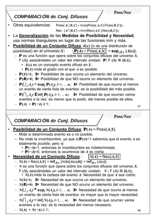 17
COMPARACI ÓN de Conj. Difusos
• Otras equivalencias:
• La Generalización de las Medidas de Posibilidad y Necesidad,
usa normas triangulares en lugar de las funciones mín y máx.
• Posibilidad de un Conjunto Difuso A(x) (o de una distribución de
posibilidad) en el universo X: Π(A) = Poss(A,X) = supx∈X {A(x)}.
– Π es una función que opera sobre los conjuntos difusos del universo X,
F (X), asociándoles un valor del intervalo unidad: Π: F (X) → [0,1];
• A(x) es un concepto evento difuso en X.
• Π(A) mide el grado con el que A es posible.
– Π(X)=1; ⇒ Posibilidad de que ocurra un elemento del universo.
– Π(∅)=0; ⇒ Posibilidad de que NO ocurra un elemento del universo.
– Π(U i Ai) = supi Π(Ai), i=1, ... n; ⇒ Posibilidad de que ocurra al menos
un evento de cierta lista de eventos: es la posibilidad del más posible.
– Π(I i Ai) ≤ infi Π(Ai), i=1, ... n; ⇒ Posibilidad de que ocurran varios
eventos a la vez: es menor que la posib. del menos posible de ellos.
– Π(A) + Π(¬A) ≥ 1;
Poss( ) max Poss( ),Poss( )
Nec ( ) min Nec( ),Nec( )
A B C A C B C
A B C A C B C
U
I
, { , , };
, { , , };
=
=
Poss/Nec
18
COMPARACI ÓN de Conj. Difusos
• Posibilidad de un Conjunto Difuso: Π(A) = Poss(A,X).
– Mide si determinado evento es o no posible.
– No mide la incertidumbre, ya que si Π(A)=1 sabemos que el evento A es
totalmente posible, pero si:
• Π(¬A)=1, entonces la incertidumbre es indeterminada.
• Π(¬A)=0, entonces la ocurrencia de A es cierta.
• Necesidad de un Conjunto Difuso : N(A) = Nec(A,X)
– N(A) = Nec(A,X) = infx∈X {máx[A(x),0]} = infx∈X {A(x)}.
– N es una función que opera sobre los conjuntos difusos del universo X,
F (X), asociándoles un valor del intervalo unidad: N : F (X) → [0,1];
• N(A) mide la certeza del evento A: Necesidad de que A sea cierto.
– N(X)=1; ⇒ Necesidad de que ocurra un elemento del universo.
– N(∅)=0; ⇒ Necesidad de que NO ocurra un elemento del universo.
– N(U i Ai) ≥ supi N(Ai), i=1, ... n; ⇒ Necesidad de que ocurra al menos
un evento de cierta lista de eventos: es mayor que la mayor necesidad.
– N(I i Ai) = infi N(Ai), i=1, ... n; ⇒ Necesidad de que ocurran varios
eventos a la vez: es la necesidad del menos necesario.
– N(A) + N(¬A) ≤ 1;
Poss/Nec
 