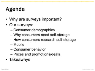 Agenda
• Why are surveys important?
• Our surveys:
– Consumer demographics
– Why consumers need self-storage
– How consumers research self-storage
– Mobile
– Consumer behavior
– Prices and promotions/deals
• Takeaways
 