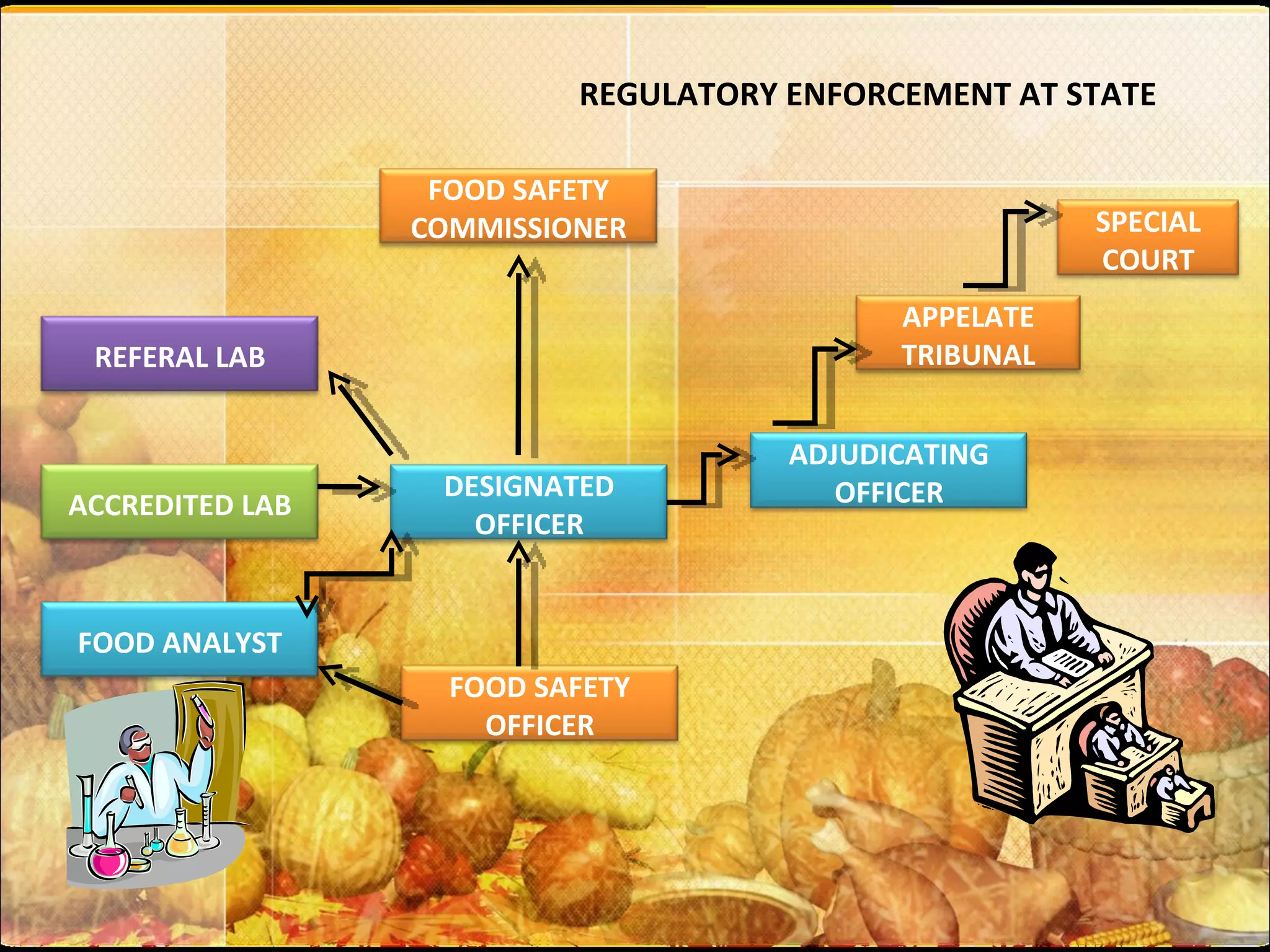 REGULATORY ENFORCEMENT AT STATE APPELATE TRIBUNAL FOOD SAFETY COMMISSIONER FOOD SAFETY OFFICER ACCREDITED LAB REFERAL LAB FOOD ANALYST DESIGNATED OFFICER ADJUDICATING OFFICER SPECIAL COURT 