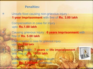 Unsafe food causing non-grievous injury :  1 year   imprisonment   with fine of  Rs. 3.00 lakh Compensation in case for injury :  upto  Rs.1.00 lakh Causing grievous injury :  6 years   imprisonment  with  fine of  Rs. 5.00 lakh Compensation in case for grievous injury :  upto  Rs.3.00 lakh Causing death :  7 years  or  life imprisonment   and fine of  Rs. 10.00 lakh Compensation in case of death :  upto  Rs. 5.00 lakh   minimum Penalties: 