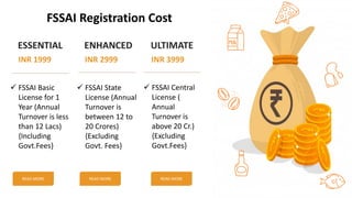 FSSAI Registration Cost
ESSENTIAL
INR 1999
✓ FSSAI Basic
License for 1
Year (Annual
Turnover is less
than 12 Lacs)
{Including
Govt.Fees}
READ MORE
ENHANCED
INR 2999
✓ FSSAI State
License (Annual
Turnover is
between 12 to
20 Crores)
{Excluding
Govt. Fees}
READ MORE
ULTIMATE
INR 3999
✓ FSSAI Central
License (
Annual
Turnover is
above 20 Cr.)
{Excluding
Govt.Fees}
READ MORE
 