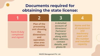 Documents required for
obtaining the state license:
A detailed
account of
Directors/
Partners/
Proprietor
along with
their address,
contact
details, and
photo ID
3
Name and list
of equipment
and
machinery
used with
the number
and installed
capacity
4
Form B duly
completed
and signed
1
Plan of the
processing
unit showing
the
dimensions
and
operation-
wise area
allocation
2
MUDS Management Pvt. Ltd.
 