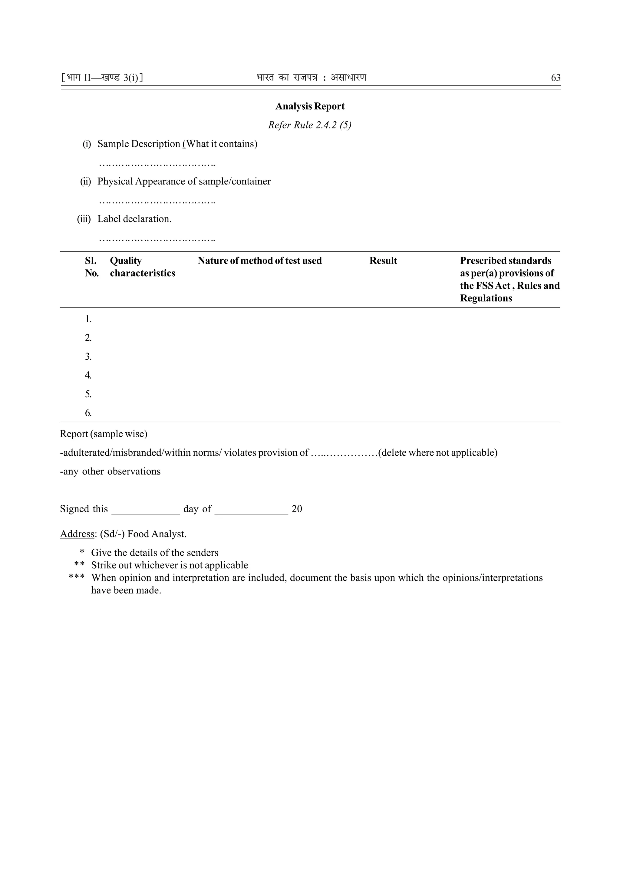 ¹Hkkx II—[k.M 3(i)º                          Hkkjr dk jkti=k % vlk/kj.k                                         63

                                                   Analysis Report
                                                 Refer Rule 2.4.2 (5)
     (i) Sample Description (What it contains)
          ……………………………….
    (ii) Physical Appearance of sample/container
          ……………………………….
   (iii) Label declaration.
          ……………………………….

     Sl.   Quality              Nature of method of test used             Result          Prescribed standards
     No.   characteristics                                                                as per(a) provisions of
                                                                                          the FSS Act , Rules and
                                                                                          Regulations
     1.
     2.
     3.
     4.
     5.
     6.

Report (sample wise)
-adulterated/misbranded/within norms/ violates provision of …..……………(delete where not applicable)
-any other observations


Signed this _____________ day of ______________ 20

Address: (Sd/-) Food Analyst.
   * Give the details of the senders
  ** Strike out whichever is not applicable
 *** When opinion and interpretation are included, document the basis upon which the opinions/interpretations
     have been made.
 
