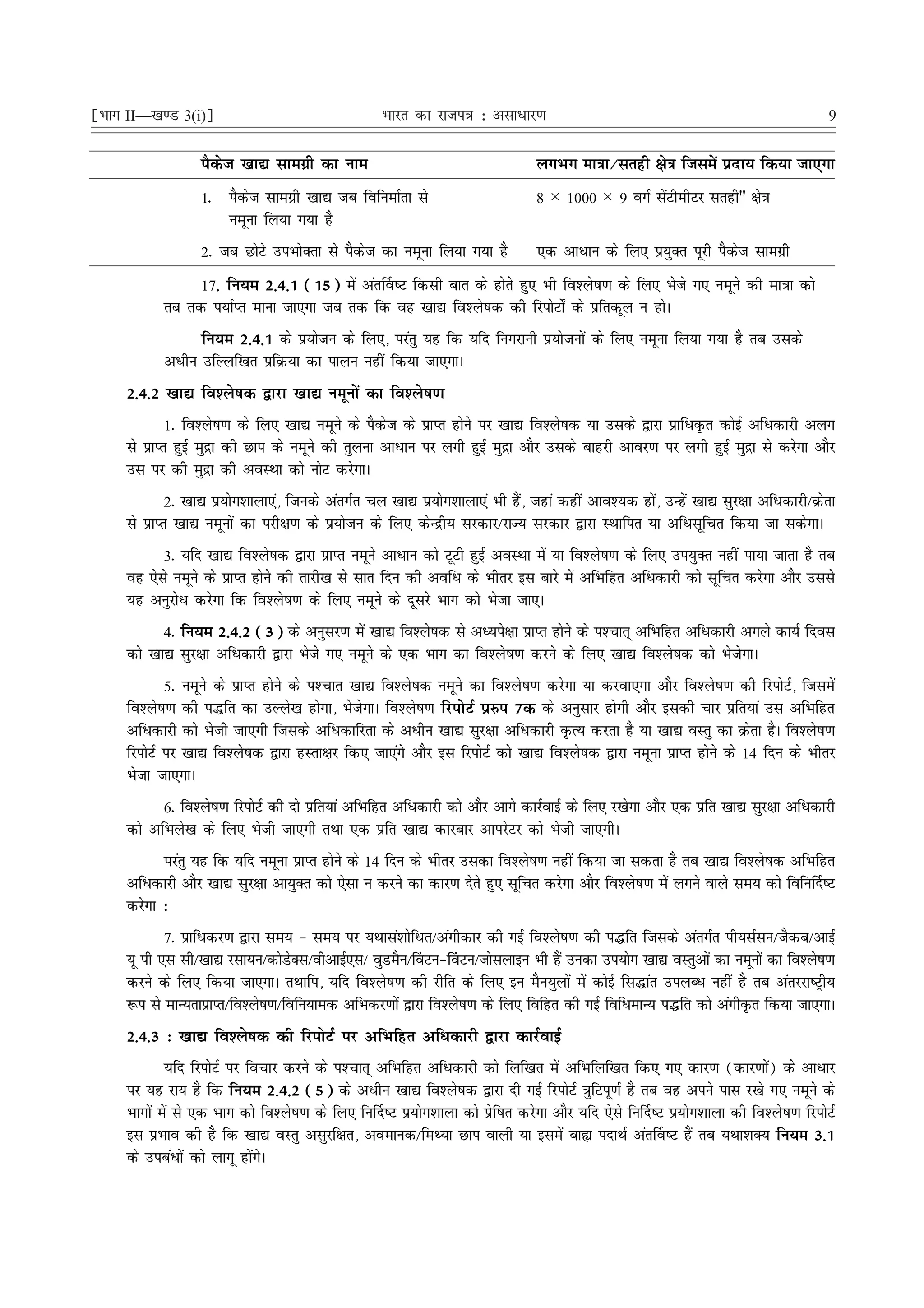 ¹Hkkx II—[k.M 3(i)º                                  Hkkjr dk jkti=k % vlk/kj.k                                                          9


                   iSdst [kk| lkexzh dk uke                                       yxHkx ek=kk@lrgh {ks=k ftlesa iznk; fd;k tk,xk
                   1- iSdst lkexzh [kk| tc fofuekZrk ls                           8 × 1000 × 9 oxZ lsaVhehVj lrgh" {ks=k
                      uewuk fy;k x;k gS
                   2- tc NksVs miHkksDrk ls iSdst dk uewuk fy;k x;k gS            ,d vkèkku ds fy, iz;qDr iwjh iSdst lkexzh
                 17- fu;e 2-4-1 (15) esa var£o"V fdlh ckr ds gksrs gq, Hkh fo'ys"k.k ds fy, Hksts x, uewus dh ek=kk dks
            rc rd i;kZIr ekuk tk,xk tc rd fd og [kk| fo'ys"kd dh fjiksVks± ds izfrdwy u gksA
                  fu;e 2-4-1 ds iz;kstu ds fy,] ijarq ;g fd ;fn fuxjkuh iz;kstuksa ds fy, uewuk fy;k x;k gS rc mlds
            vèkhu mfYyf[kr izfØ;k dk ikyu ugha fd;k tk,xkA
     2-4-2 [kk| fo'ys"kd }kjk [kk| uewuksa dk fo'ys"k.k
             1- fo'ys"k.k ds fy, [kk| uewus ds iSdst ds izkIr gksus ij [kk| fo'ys"kd ;k mlds }kjk izkfèkÑr dksbZ vfèkdkjh vyx
     ls izkIr gqbZ eqæk dh Nki ds uewus dh rqyuk vkèkku ij yxh gqbZ eqæk vkSj mlds ckgjh vkoj.k ij yxh gqbZ eqæk ls djsxk vkSj
     ml ij dh eqæk dh voLFkk dks uksV djsxkA
             2- [kk| iz;ksx'kkyk,a] ftuds varxZr py [kk| iz;ksx'kkyk,a Hkh gSa] tgka dgha vko';d gksa] mUgsa [kk| lqj{kk vfèkdkjh@Øsrk
     ls izkIr [kk| uewuksa dk ijh{k.k ds iz;kstu ds fy, dsUæh; ljdkj@jkT; ljdkj }kjk LFkkfir ;k vfèklwfpr fd;k tk ldsxkA
           3- ;fn [kk| fo'ys"kd }kjk izkIr uewus vkèkku dks VwVh gqbZ voLFkk esa ;k fo'ys"k.k ds fy, mi;qDr ugha ik;k tkrk gS rc
     og ,sls uewus ds izkIr gksus dh rkjh[k ls lkr fnu dh vofèk ds Hkhrj bl ckjs esa vfHkfgr vfèkdkjh dks lwfpr djsxk vkSj mlls
     ;g vuqjksèk djsxk fd fo'ys"k.k ds fy, uewus ds nwljs Hkkx dks Hkstk tk,A
            4- fu;e 2-4-2 (3) ds vuqlj.k esa [kk| fo'ys"kd ls vè;is{kk izkIr gksus ds i'Pkkr~ vfHkfgr vfèkdkjh vxys dk;Z fnol
     dks [kk| lqj{kk vfèkdkjh }kjk Hksts x, uewus ds ,d Hkkx dk fo'ys"k.k djus ds fy, [kk| fo'ys"kd dks HkstsxkA
             5- uewus ds izkIr gksus ds i'Pkkr [kk| fo'ys"kd uewus dk fo'ys"k.k djsxk ;k djok,xk vkSj fo'ys"k.k dh fjiksVZ] ftlesa
     fo'ys"k.k dh i¼fr dk mYys[k gksxk] HkstsxkA fo'ys"k.k fjiksVZ iz#i 7d ds vuqlkj gksxh vkSj bldh pkj izfr;ka ml vfHkfgr
     vfèkdkjh dks Hksth tk,xh ftlds vfèkdkfjrk ds vèkhu [kk| lqj{kk vfèkdkjh ÑR; djrk gS ;k [kk| oLrq dk Øsrk gSA fo'ys"k.k
     fjiksVZ ij [kk| fo'ys"kd }kjk gLrk{kj fd, tk,axs vkSj bl fjiksVZ dks [kk| fo'ys"kd }kjk uewuk izkIr gksus ds 14 fnu ds Hkhrj
     Hkstk tk,xkA
           6- fo'ys"k.k fjiksVZ dh nks izfr;ka vfHkfgr vfèkdkjh dks vkSj vkxs dkjZokbZ ds fy, j[ksxk vkSj ,d izfr [kk| lqj{kk vfèkdkjh
     dks vfHkys[k ds fy, Hksth tk,xh rFkk ,d izfr [kk| dkjckj vkijsVj dks Hksth tk,xhA
           ijarq ;g fd ;fn uewuk izkIr gksus ds 14 fnu ds Hkhrj mldk fo'ys"k.k ugha fd;k tk ldrk gS rc [kk| fo'ys"kd vfHkfgr
     vfèkdkjh vkSj [kk| lqj{kk vk;qDr dks ,slk u djus dk dkj.k nsrs gq, lwfpr djsxk vkSj fo'ys"k.k esa yxus okys le; dks fofu£n"V
     djsxk %
            7- izkfèkdj.k }kjk le; & le; ij ;Fkkla'kksfèkr@vaxhdkj dh xbZ fo'ys"k.k dh i¼fr ftlds varxZr ih;lZlu@tSdc@vkbZ
     ;w ih ,l lh@[kk| jlk;u@dksMDl@ohvkbZ,l@ oqMeSu@¯oVu&¯oVu@tkslykbu Hkh gSa mudk mi;ksx [kk| oLrqvksa dk uewuksa dk fo'ys"k.k
                                   s
     djus ds fy, fd;k tk,xkA rFkkfi] ;fn fo'ys"k.k dh jhfr ds fy, bu eSu;qyksa esa dksbZ fl¼kar miyCèk ugha gS rc varjjk"Vªh;
     :i ls ekU;rkizkIr@fo'ys"k.k@fofu;ked vfHkdj.kksa }kjk fo'ys"k.k ds fy, fofgr dh xbZ fofèkekU; i¼fr dks vaxhÑr fd;k tk,xkA
     2-4-3 % [kk| fo'ys"kd dh fjiksVZ ij vfHkfgr vfèkdkjh }kjk dkjZokbZ
              ;fn fjiksVZ ij fopkj djus ds i'Pkkr~ vfHkfgr vfèkdkjh dks fyf[kr esa vfHkfyf[kr fd, x, dkj.k (dkj.kksa) ds vkèkkj
     ij ;g jk; gS fd fu;e 2-4-2 (5) ds vèkhu [kk| fo'ys"kd }kjk nh xbZ fjiksVZ =kqfViw.kZ gS rc og vius ikl j[ks x, uewus ds
     Hkkxksa esa ls ,d Hkkx dks fo'ys"k.k ds fy, fu£n"V iz;ksx'kkyk dks izsf"kr djsxk vkSj ;fn ,sls fu£n"V iz;ksx'kkyk dh fo'ys"k.k fjiksVZ
     bl izHkko dh gS fd [kk| oLrq vlqjf{kr] voekud@feF;k Nki okyh ;k blesa cká inkFkZ var£o"V gSa rc ;Fkk'kD; fu;e 3-1
     ds micaèkksa dks ykxw gksaxsA
 