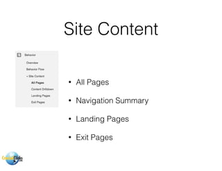 Site Content
!
• All Pages
• Navigation Summary
• Landing Pages
• Exit Pages
 