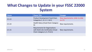 What Changes to Update in your FSSC 22000
System
Clause Clause Title Changes
2.5.13
Product Development Food Chain
Categories C, D, E, F, I & K)
New requirements. (refer to slide
no 17)
2.5.14
Health Status (Food Chain Category
D)
New requirements.
2.5.15
Requirements for Organizations
with Multi-site Certification (Food
Chain Category A, E, FI & G)
New requirements.
16
"Aakansha Management Consultancy"
10/05/2021
 