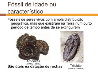 Fóssil de idade ou característicoFósseis de seres vivos com ampla distribuição geográfica, mas que existiram na Terra num curto período de tempo antes de se extinguiremSão úteis na datação de rochasAmonites(417 M.a. – 65 M.a.)Trilobite(543 M.a. – 248 M.a.)