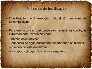 Processos de fossilização Fossilização  = Interrupção natural do processo de decomposição; Para que ocorra  a fossilização são necessárias condições extremamente favoráveis como: –  rápido soterramento, –  ausência de ação bacteriana decompondo os tecidos, –  o modo de vida do animal, –  a composição química de seu esqueleto. 