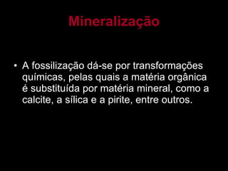 Mineralização A fossilização dá-se por transformações químicas, pelas quais a matéria orgânica é substituída por matéria mineral, como a calcite, a sílica e a pirite, entre outros. 