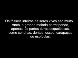 Os fósseis inteiros de seres vivos são muito raros, a grande maioria corresponde, apenas, às partes duras esqueléticas, como conchas, dentes, ossos, carapaças ou espículas. 