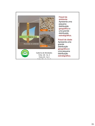 15
Fóssil de
ambiente
Apresenta uma
pequena
distribuição
geográfica e
uma grande
distribuição
estratigráfica.
Fóssil de idade
Apresenta uma
grande
distribuição
geográfica e
uma pequena
distribuição
estratigráfica.
tempo
Diversidade de ambientes
Fóssil de idade
Fóssildeambiente
Coral
Amonite
Caderno de Atividades
Ficha 18 – Ex. 3
Ficha 19 – Ex 3
Ficha 20 – Ex. 2 e 3
 
