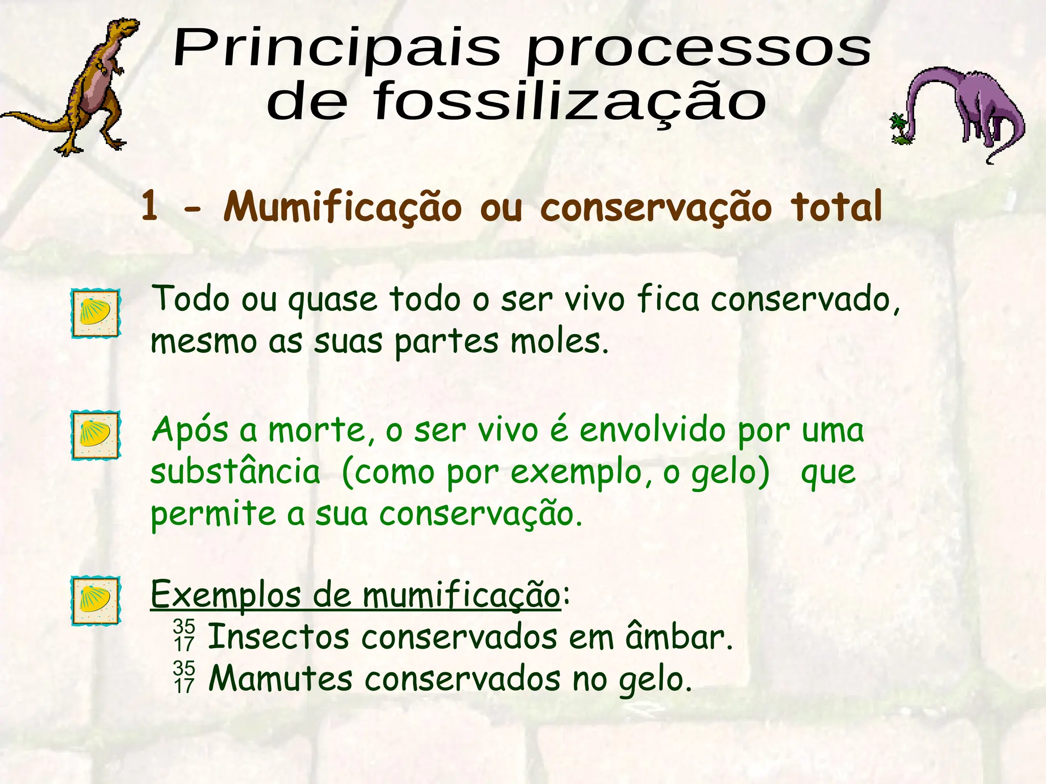 1 - Mumificação ou conservação total
Todo ou quase todo o ser vivo fica conservado,
mesmo as suas partes moles.
Após a morte, o ser vivo é envolvido por uma
substância (como por exemplo, o gelo) que
permite a sua conservação.
Exemplos de mumificação:
 Insectos conservados em âmbar.
 Mamutes conservados no gelo.
 
