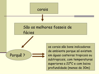 corais São os melhores fosseis de fácies Porquê ? os corais são bons indicadores de ambiente porque só existem em águas costeiras tropicais ou subtropicais, com temperaturas superiores a 22ºC e com baixa profundidade (menos de 30m)   