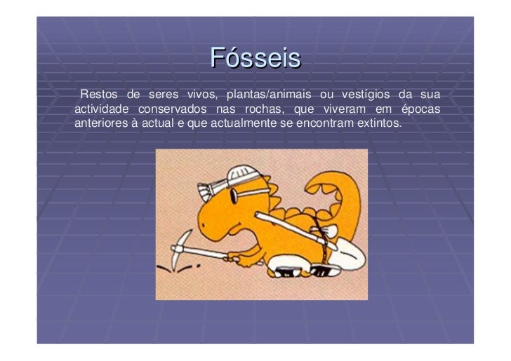 Fósseis
 Restos de seres vivos, plantas/animais ou vestígios da sua
actividade conservados nas rochas, que viveram em époc...