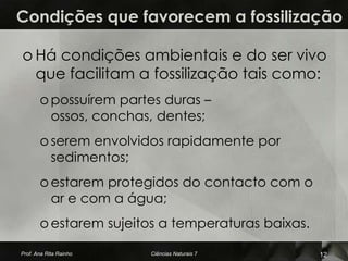 Condições que favorecem a fossilização

o Há condições ambientais e do ser vivo
  que facilitam a fossilização tais como:
       o possuírem partes duras –
         ossos, conchas, dentes;
       o serem envolvidos rapidamente por
         sedimentos;
       o estarem protegidos do contacto com o
         ar e com a água;
       o estarem sujeitos a temperaturas baixas.

Prof. Ana Rita Rainho   Ciências Naturais 7        12
 