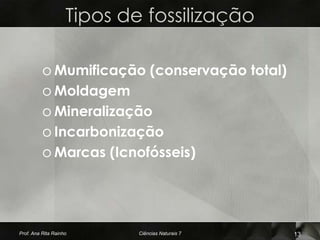 Tipos de fossilização

          o Mumificação (conservação total)
          o Moldagem
          o Mineralização
          o Incarbonização
          o Marcas (Icnofósseis)




Prof. Ana Rita Rainho       Ciências Naturais 7   13
 