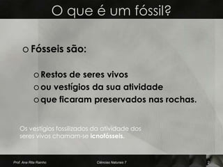 O que é um fóssil?

     o Fósseis são:

            o Restos de seres vivos
            o ou vestígios da sua atividade
            o que ficaram preservados nas rochas.


    Os vestígios fossilizados da atividade dos
    seres vivos chamam-se icnofósseis.



Prof. Ana Rita Rainho         Ciências Naturais 7   2
 