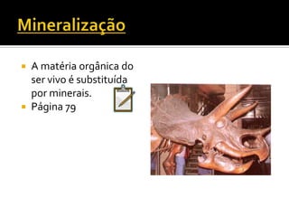 MoldagemUm molde das partes duras do ser vivo fica gravado numa rochaPode formar-se o molde externo ou o molde interno.