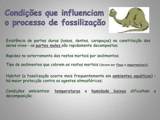 Condições que influenciamo processo de fossilizaçãoExistência de partes duras (ossos, dentes, carapaças) na constituição dos seres vivos – as partes molessão rapidamente decompostas;Rapidez no soterramento dos restos mortais por sedimentos;Tipo de sedimentos que cobrem os restos mortais (devem ser finos e impermeáveis)Habitat (a fossilização ocorre mais frequentemente em ambientes aquáticos) – há maior protecção contra os agentes atmosféricos;Condições ambientais: temperaturas e humidadebaixas dificultam a decomposição;