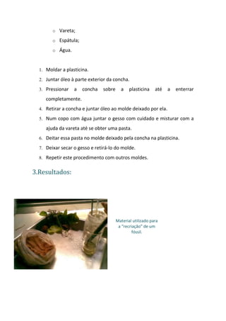 o Vareta;

        o Espátula;

        o Água.



  1. Moldar a plasticina.

  2. Juntar óleo à parte exterior da concha.

  3. Pressionar   a   concha   sobre     a    plasticina    até   a   enterrar
     completamente.
  4. Retirar a concha e juntar óleo ao molde deixado por ela.

  5. Num copo com água juntar o gesso com cuidado e misturar com a

     ajuda da vareta até se obter uma pasta.
  6. Deitar essa pasta no molde deixado pela concha na plasticina.

  7. Deixar secar o gesso e retirá-lo do molde.

  8. Repetir este procedimento com outros moldes.


3.Resultados:




                                       Material utilizado para
                                        a “recriação” de um
                                                fóssil.
 